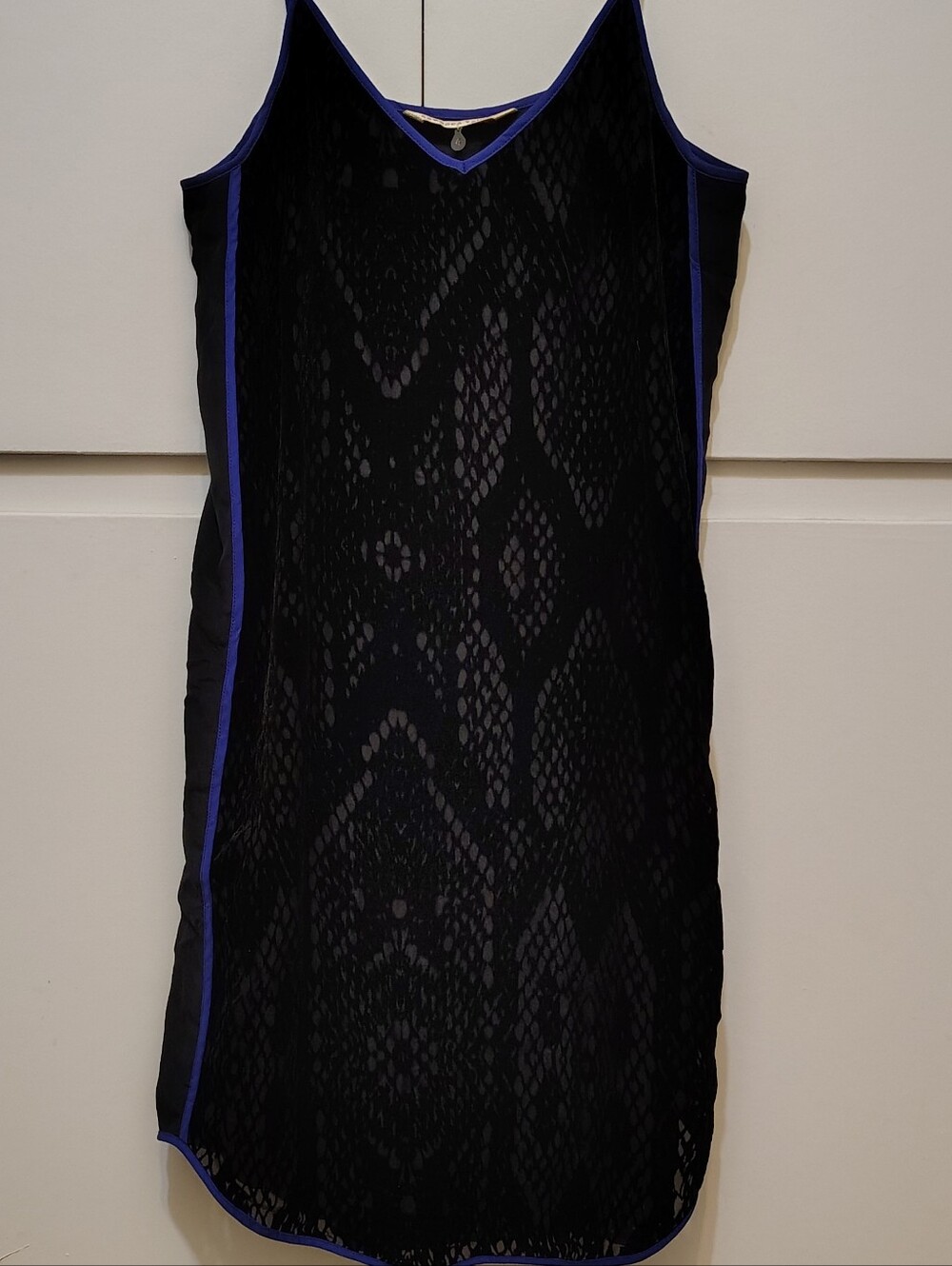 Rebecca Taylor Black Burnout Velvet Snake Print Slip Dress Blue Trim Size 4